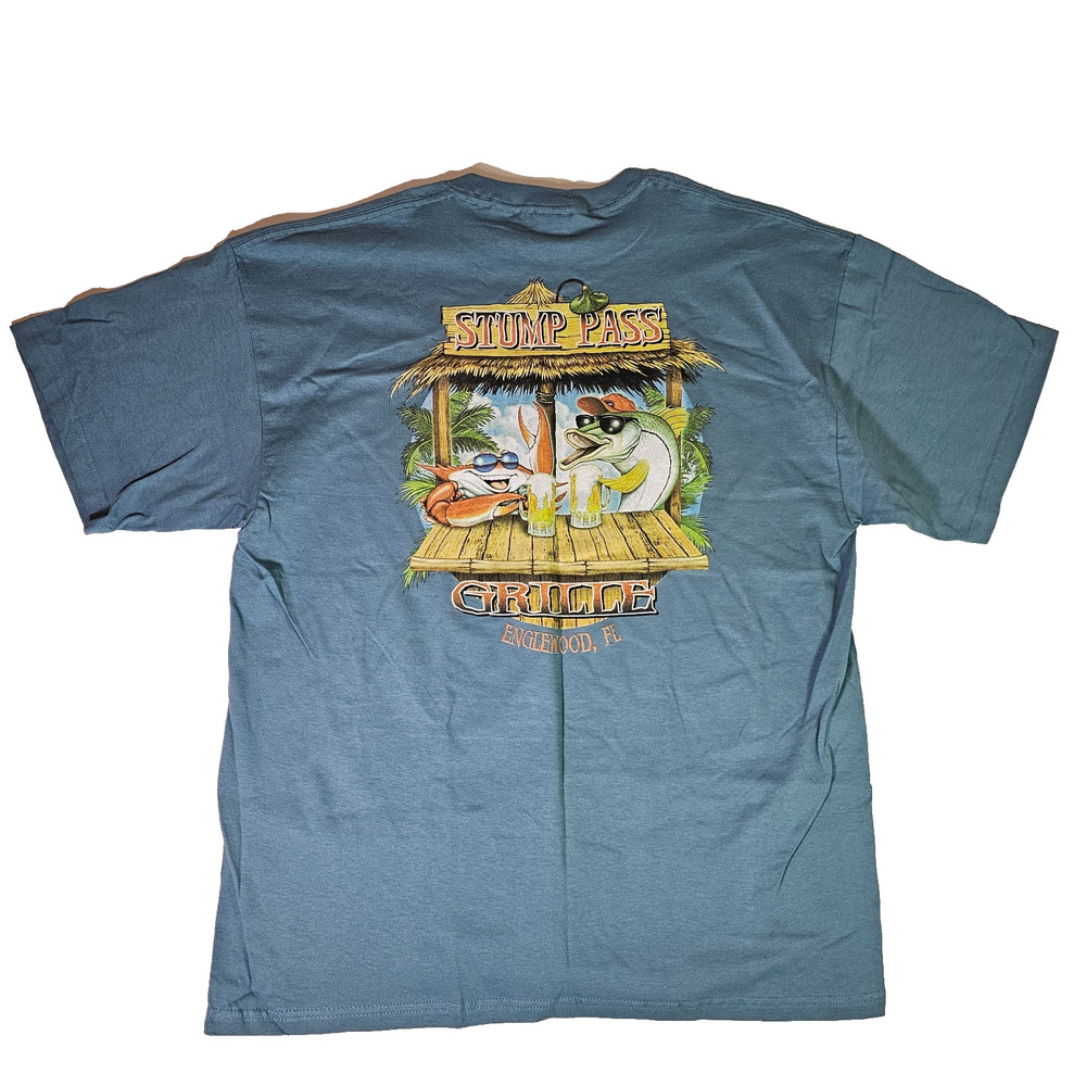 Men's Graphic T-Shirt Stump Pass Grille & Tiki Size XL Blue Englewood Crab Fish